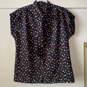 Vintage black multi colored polka dot cap sleeve button down with neck tie